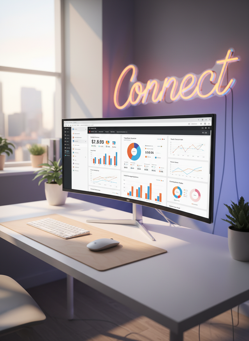 A large, ultra-wide monitor on a minimalist white desk displays a vibrant dashboard of website analytics, colorful charts, and engagement metrics for various business websites. Beside the monitor, a slim wireless keyboard and mouse rest on a pale wood desk mat, with a small, glowing neon-style sign in the background spelling an upbeat word like “Connect” in a playful script, softly out of focus. Natural afternoon light streams in from the side, mixing with subtle LED backlighting behind the monitor, creating a gentle halo effect. Shot from a slightly elevated angle, the composition uses the rule of thirds to keep the analytics in focus while the background blurs into pastel tones. The mood is optimistic and empowering, showing how modern websites help businesses connect globally, all in clean photographic realism.