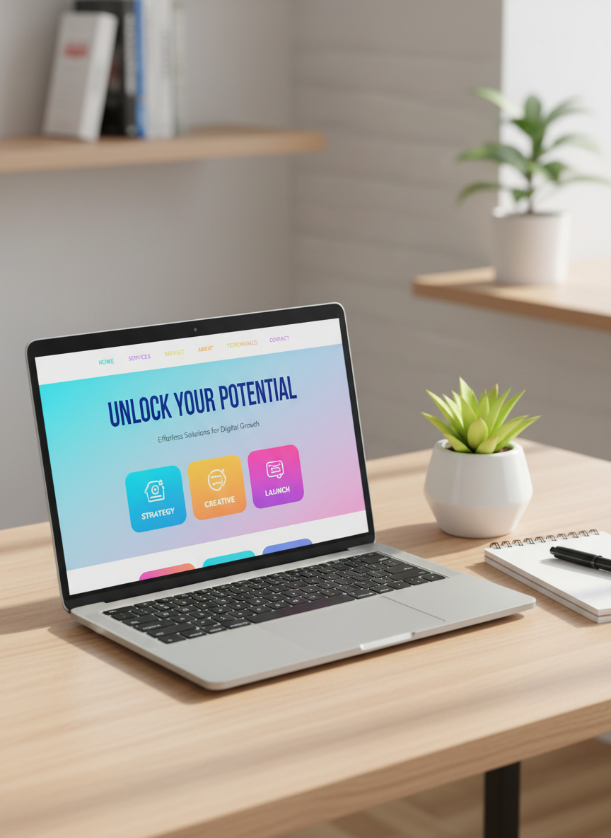 A sleek, modern laptop with a vibrant, high-resolution screen displaying a colorful, professionally designed business website homepage, featuring bold headlines and clean navigation. The laptop rests on a light oak desk beside a minimalist notebook and a small geometric planter with a bright green succulent. Soft daylight from an unseen window washes over the scene, creating gentle reflections on the laptop’s metallic casing and subtle shadows beneath the objects. Shot at eye level with a slight angle toward the screen, the background softly blurred to keep focus on the website. The mood is upbeat, friendly, and productive, with a photographic realism style and a bright, playful color palette that suggests good vibes and effortless online success.