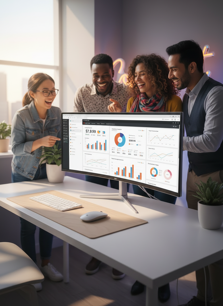 A group of smiling colleagues viewing a business dashboard on a large monitor.