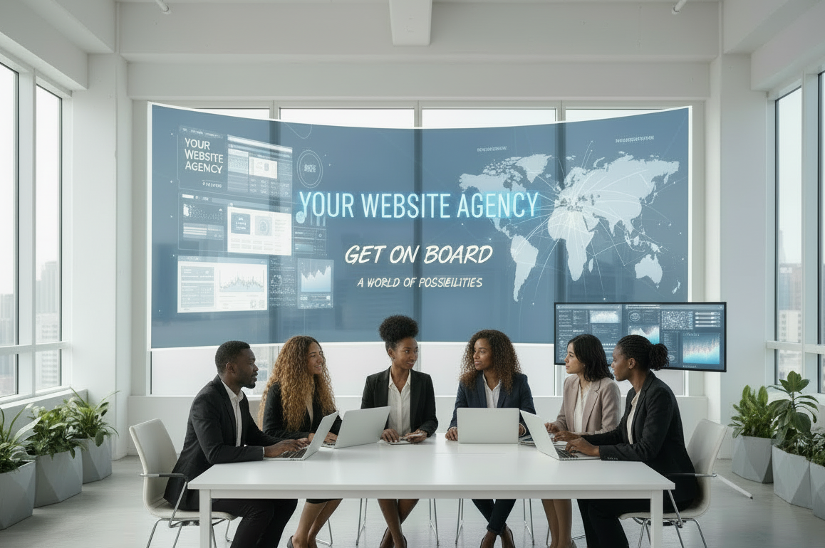 Hero-style wide image representing 'Your Website Agency' with the theme 'Get on board' and 'A world of possibilities' in a modern, tech-forward style. Show diverse professionals collaborating around sleek laptops and large screens displaying vibrant website designs and analytics, with subtle global connection motifs like abstract network lines or world map overlays. Bright, optimistic lighting, clean minimal workspace, photographic realism.